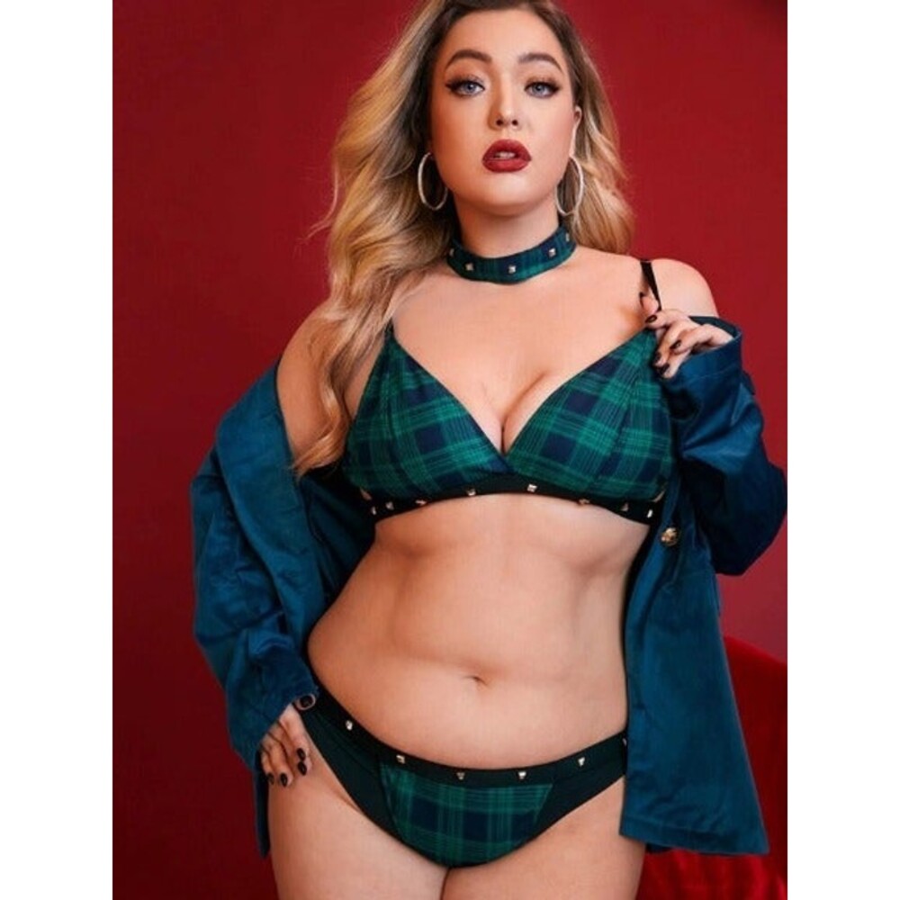14 Plus (1X) 3-pc Tartan Rivet Studded Lingerie Set With Choker